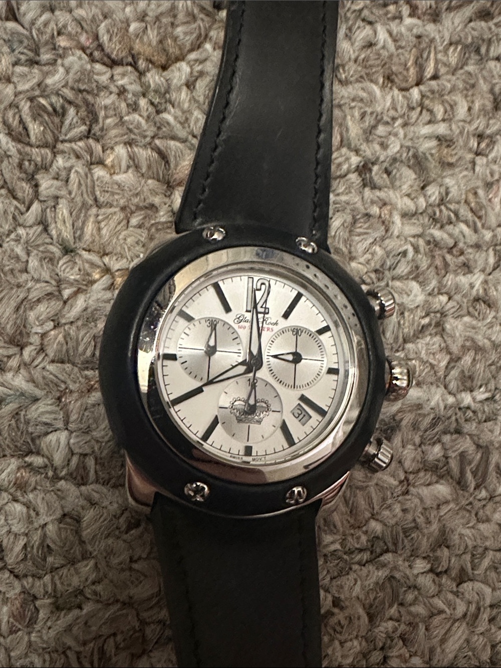 Men's Black Leather Chronograph Watch with Silver Dial - Glam Rock